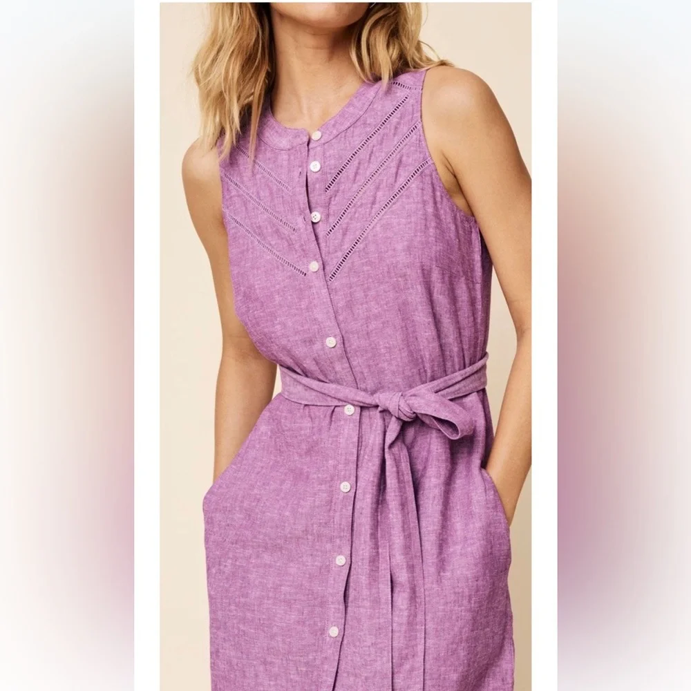 Untuckit Shirt Dress Keely 41543 Linen Purple Belted Sleeveless Button Down Sz 6